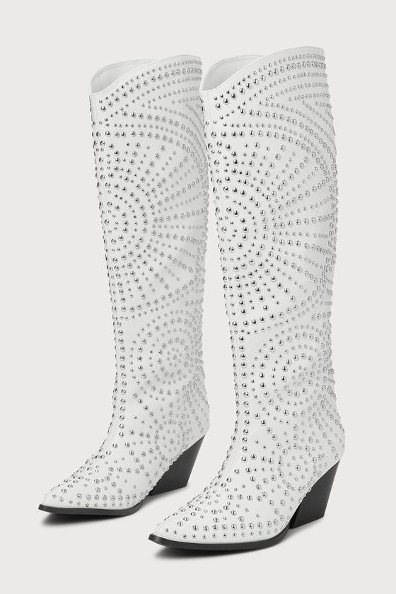 Billini Zachariah White Studded Pointed-toe Knee-high Western High Heel Boots