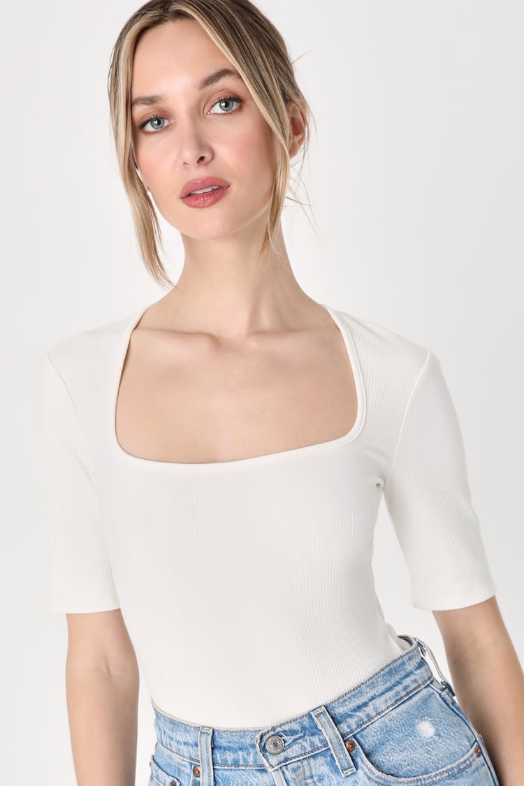 Ribbed Knit Bodysuit - Cream Short Sleeve Bodysuit - Cream Top - Lulus