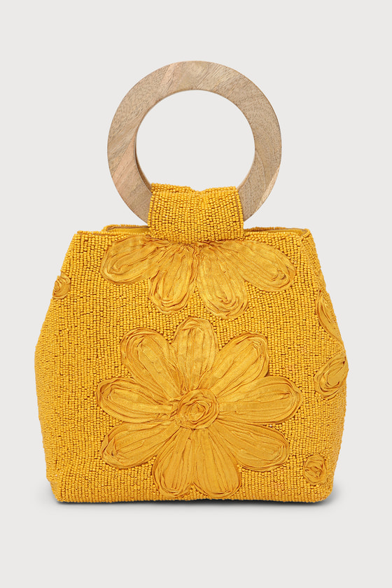 Lulus Stay Chic Yellow Beaded Wood Handle Bag