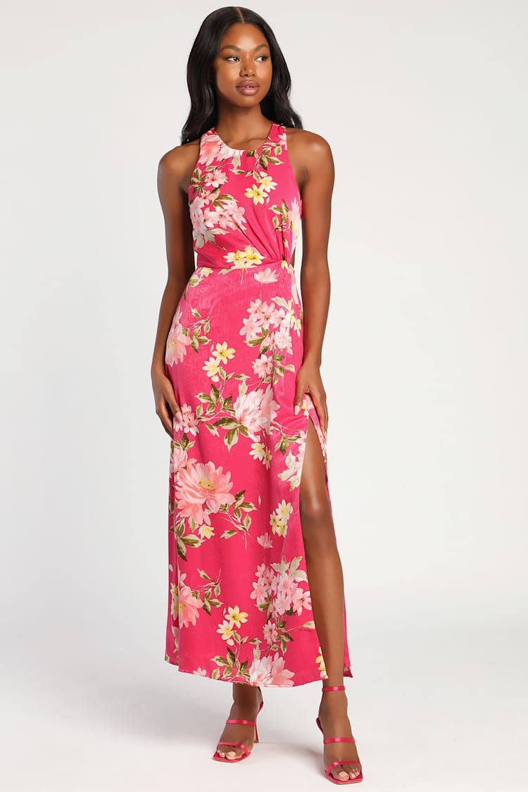 hot pink floral maxi dress Yours Women's Plus Size Hot Pink Palm Print Button Front Maxi Dress Size 18-20