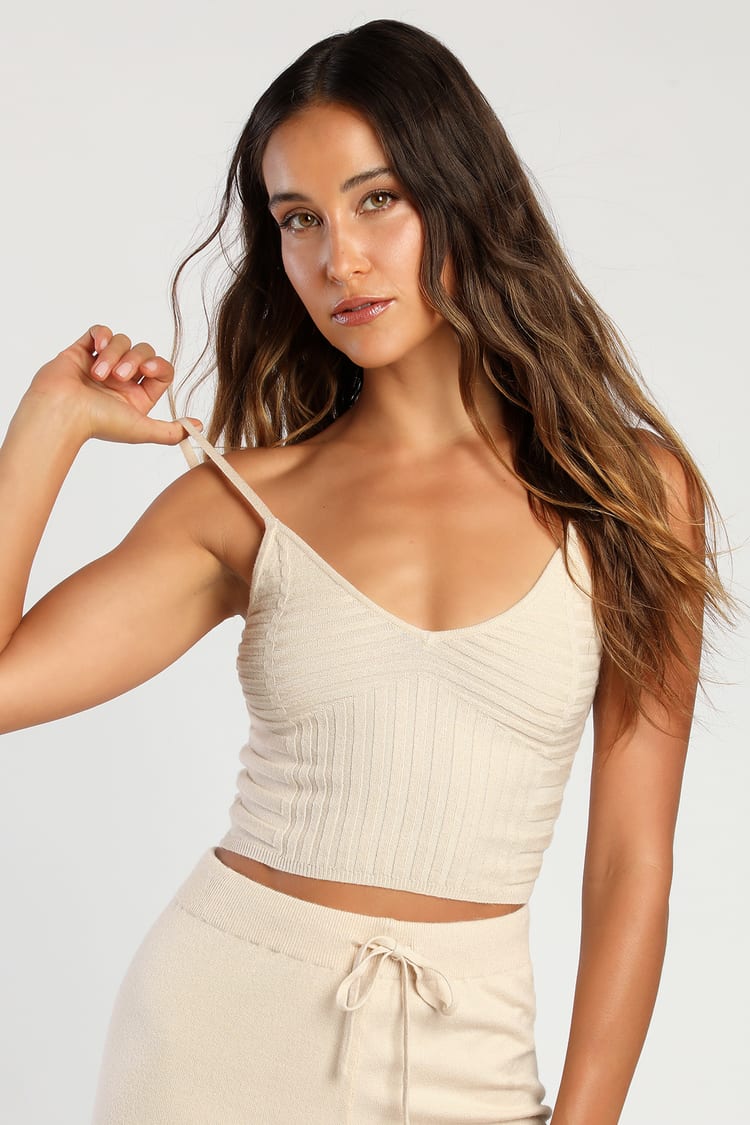 Beige Lounge Top - Beige Knit Lounge Set - Ribbed Cropped Cami - Lulus