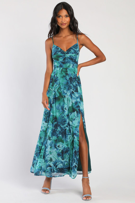 Teal Green Maxi Dress - Floral Print Dress - Twist-Front Dress - Lulus