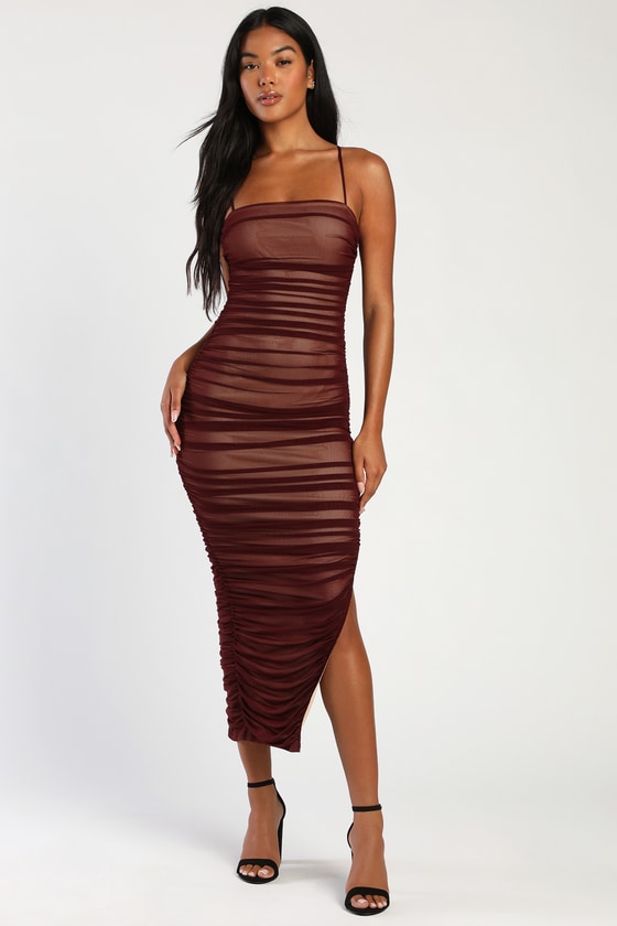 Amazed By You Brown Ruched Sleeveless Bodycon Midi Dress