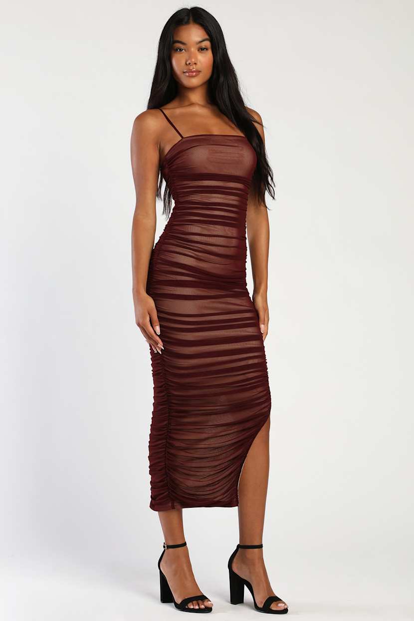 ruched sleeveless bodycon dress Taupe Midi Dress - Casual Midi Dress - Ruched Bodycon Dress