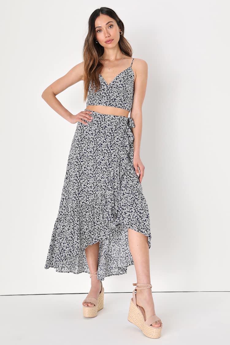 Summer Romance Navy Blue Floral Print Two-Piece Midi Dress