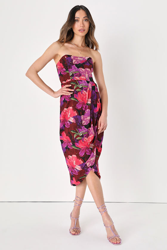 Lulus Effortless Charm Burgundy Floral Strapless Tulip Midi Dress