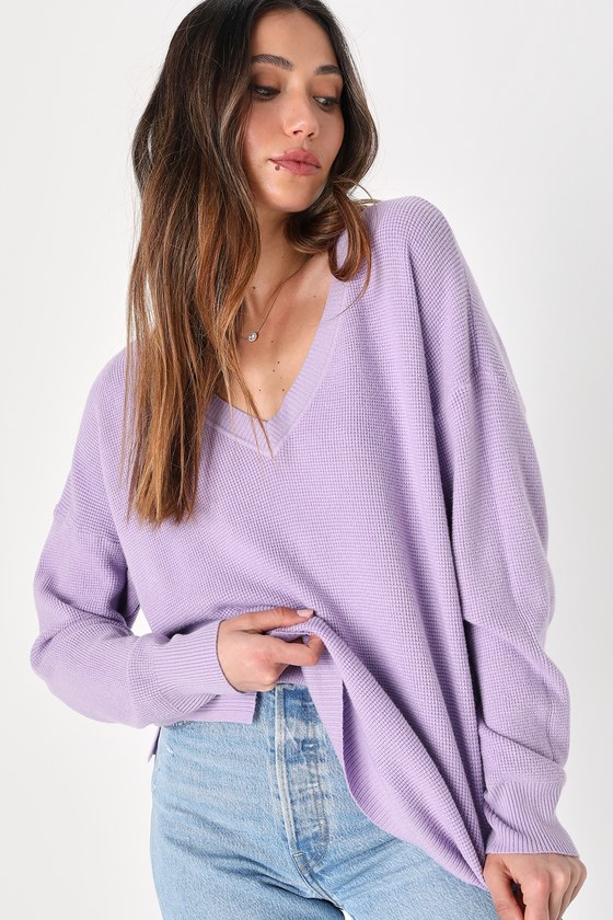 Lulus Easygoing Style Lavender Waffle Knit Pullover Sweater Top In Purple