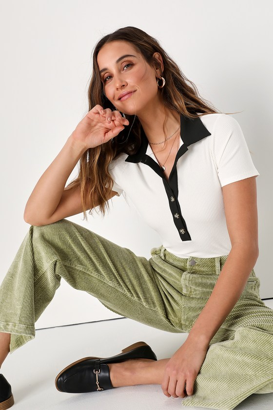 Ready for a Trend White Color Block Cropped Polo Top