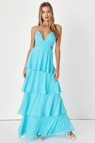 Tier and Now Blue Tie-Back Tiered Maxi Dress
