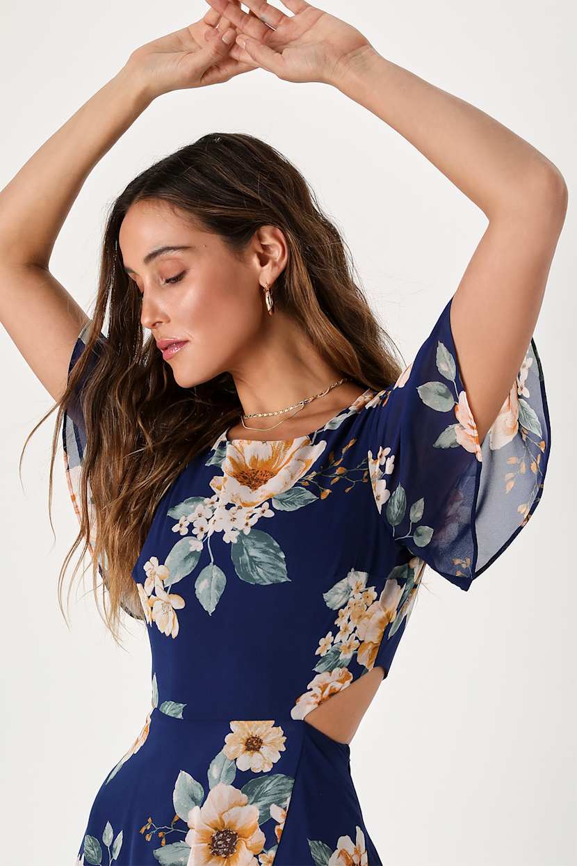everlasting bliss navy blue floral print maxi dress Navy Blue Floral Satin Backless Maxi Dress | Womens | Small (Available in XXS, XS, XL) | 100% Polyester