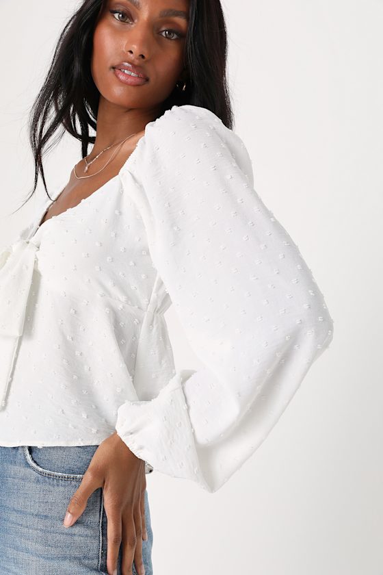 White Swiss Dot Top - Tie-Front Blouse - Balloon Sleeve Top - Lulus