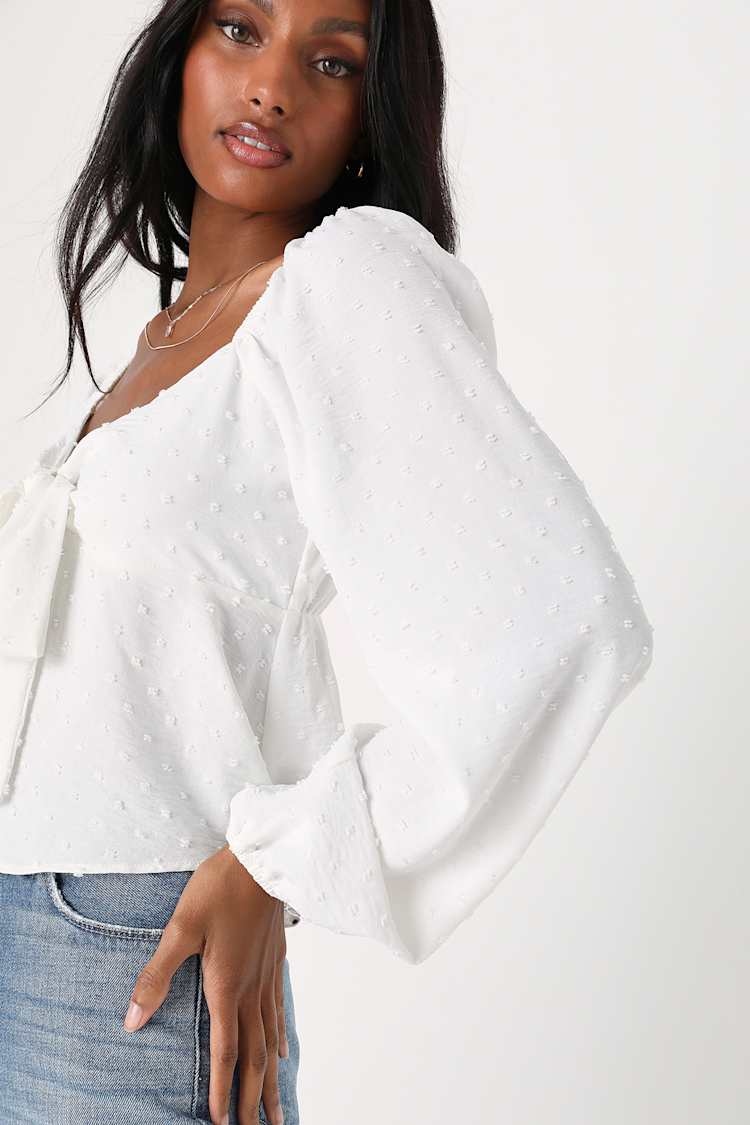 White Swiss Dot Top - Tie-Front Blouse - Balloon Sleeve Top - Lulus