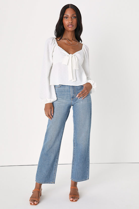 White Swiss Dot Top - Tie-Front Blouse - Balloon Sleeve Top - Lulus