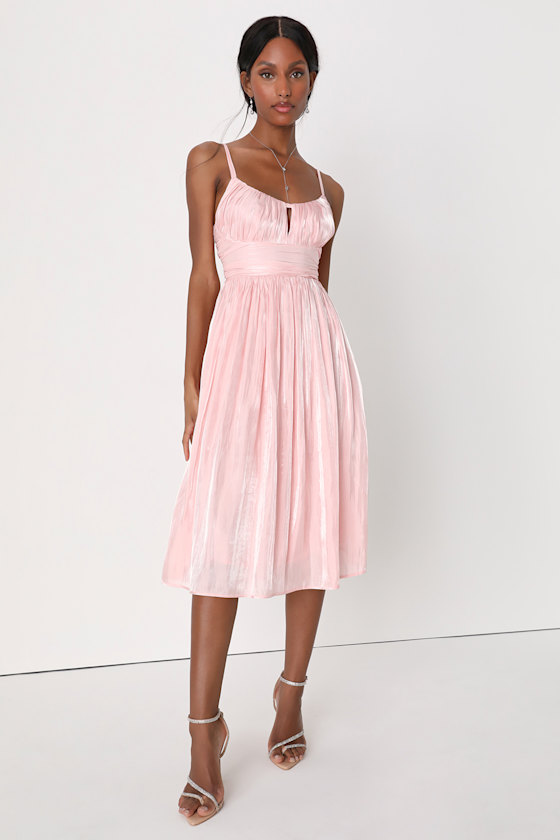 Blush Pink Dress Pleated Satin Dress LaceUp Midi Dress Lulus