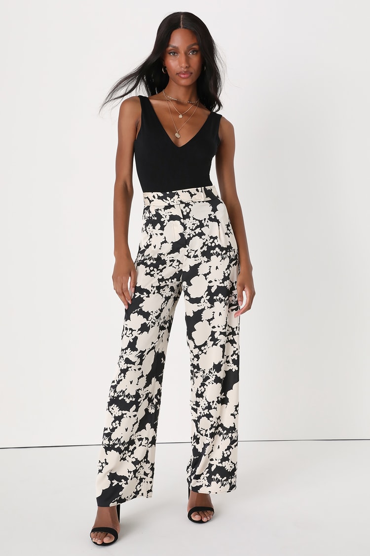 Stunningly Chic Black and White Floral Wide-Leg Pants