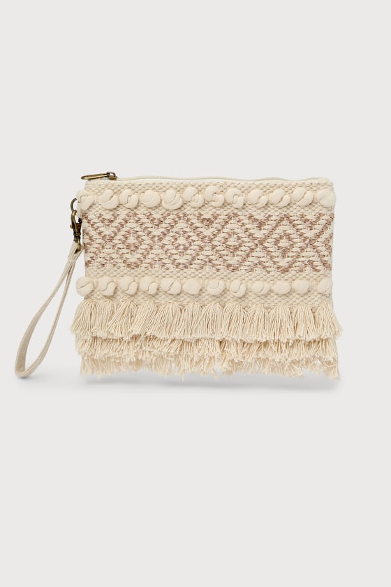 Lulus Boho Wishes Ivory Woven Fringe Clutch