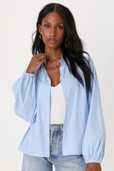 Italian Idyll Blue and White Striped Long Sleeve Button-Up Top