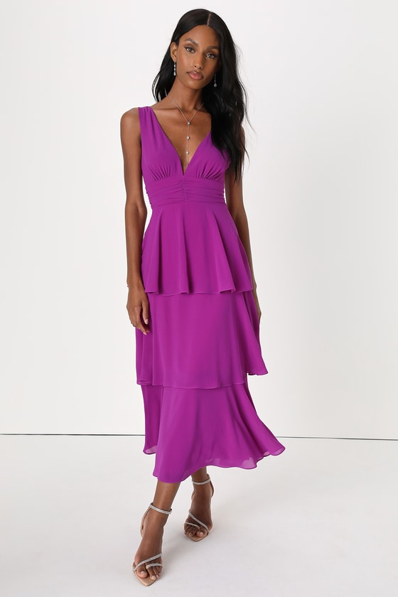 Lulus Celebration Time Purple Sleeveless Tiered Midi Dress