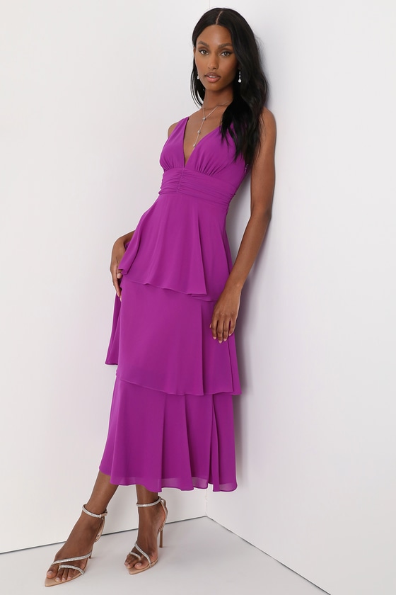 Purple V-Neck Dress - Tiered Midi Dress - Sleeveless Dress - Lulus