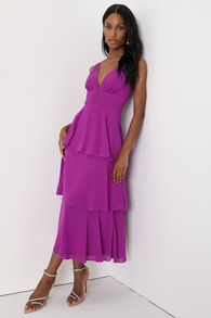 Celebration Time Purple Sleeveless Tiered Midi Dress