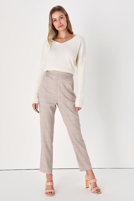 Lulus Mind My Business Beige Plaid Straight Leg Trouser Pants