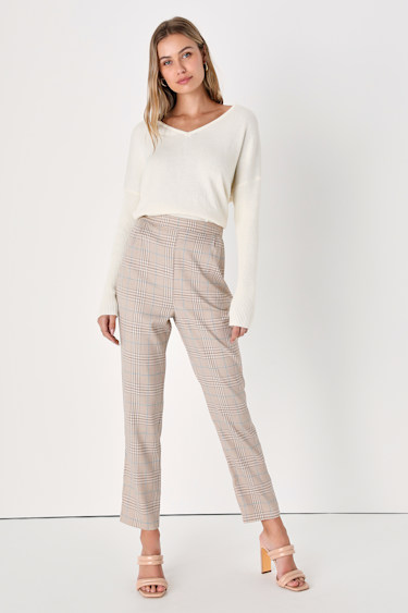 Beige Plaid Trousers Women's Office Pants Beige Pants Lulus