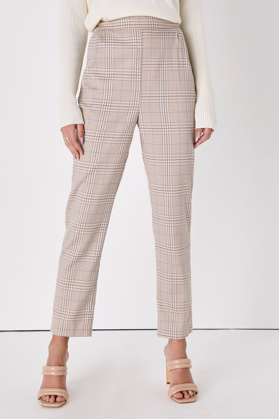 Mind My Business Beige Plaid Straight Leg Trouser Pants