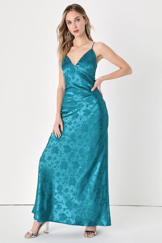Teal Satin Gown - Floral Jacquard Maxi Dress - Floral Maxi Dress