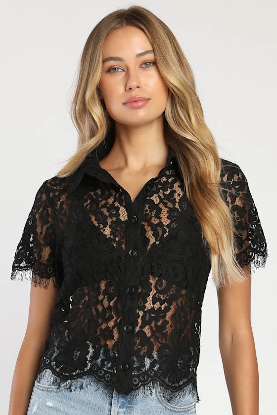 Black Lace Top Black Sheer Top Lace ButtonUp Top Lulus
