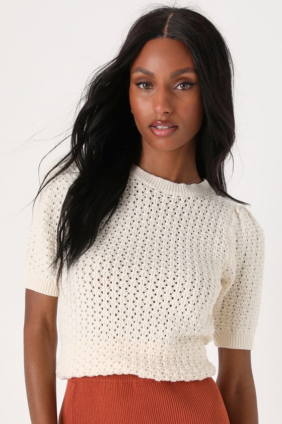 Lulus Total Trend Ivory Crochet Cutout Short Sleeve Sweater Top