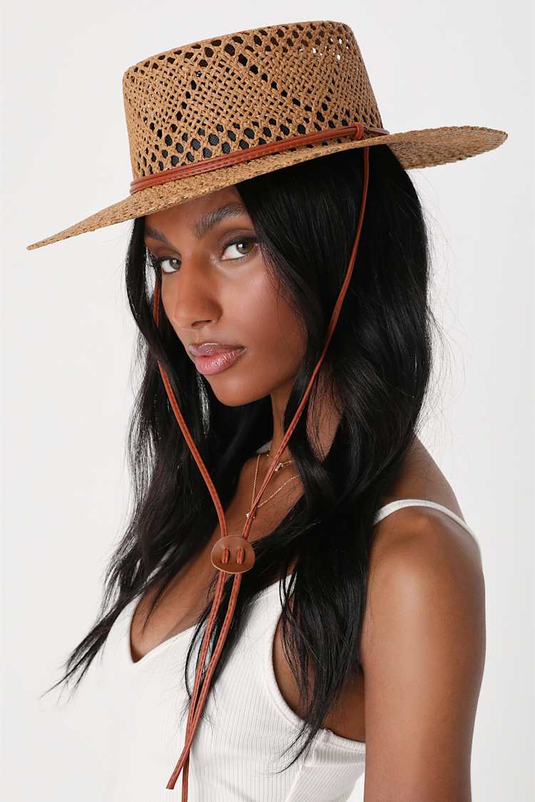 Tan Woven Boater Hat - Woven Sun Hat - Open Weave Hat - Lulus display picture 1