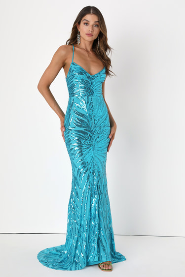 Sparkle 'til Dawn Teal Blue Sequin Lace-Up Mermaid Maxi Dress
