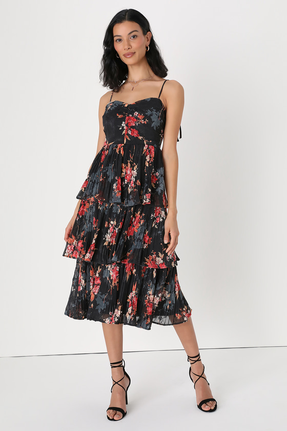 Lulus Tier To Stay Black Floral Print Tiered Tie-strap Midi Dress