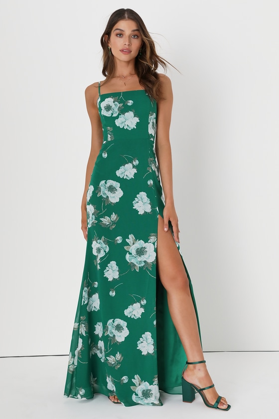 Lulus Feeling Elegant Green Floral Print Lace-up Slit Maxi Dress