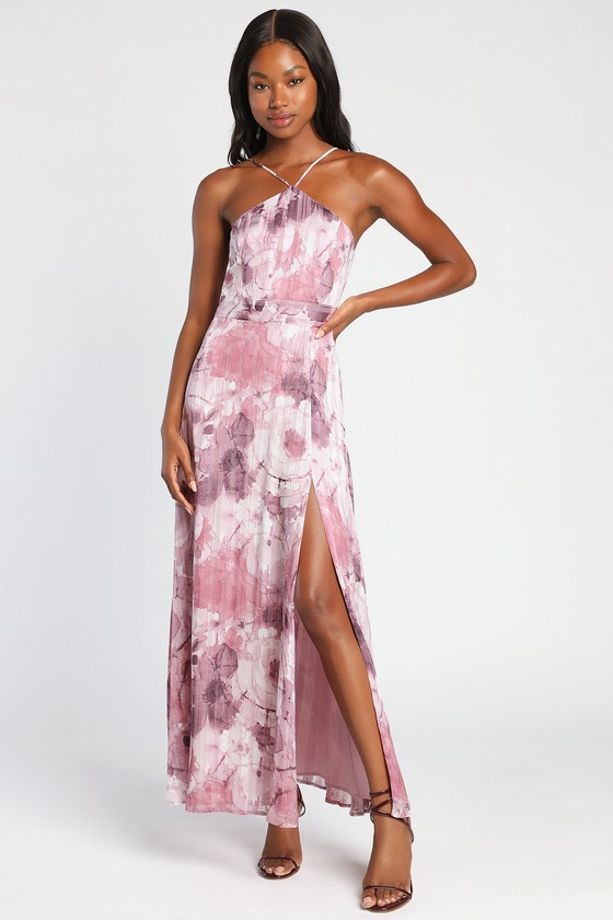 Mauve Maxi Dress - Abstract Floral Dress - Slit Halter Maxi Dress - Lulus