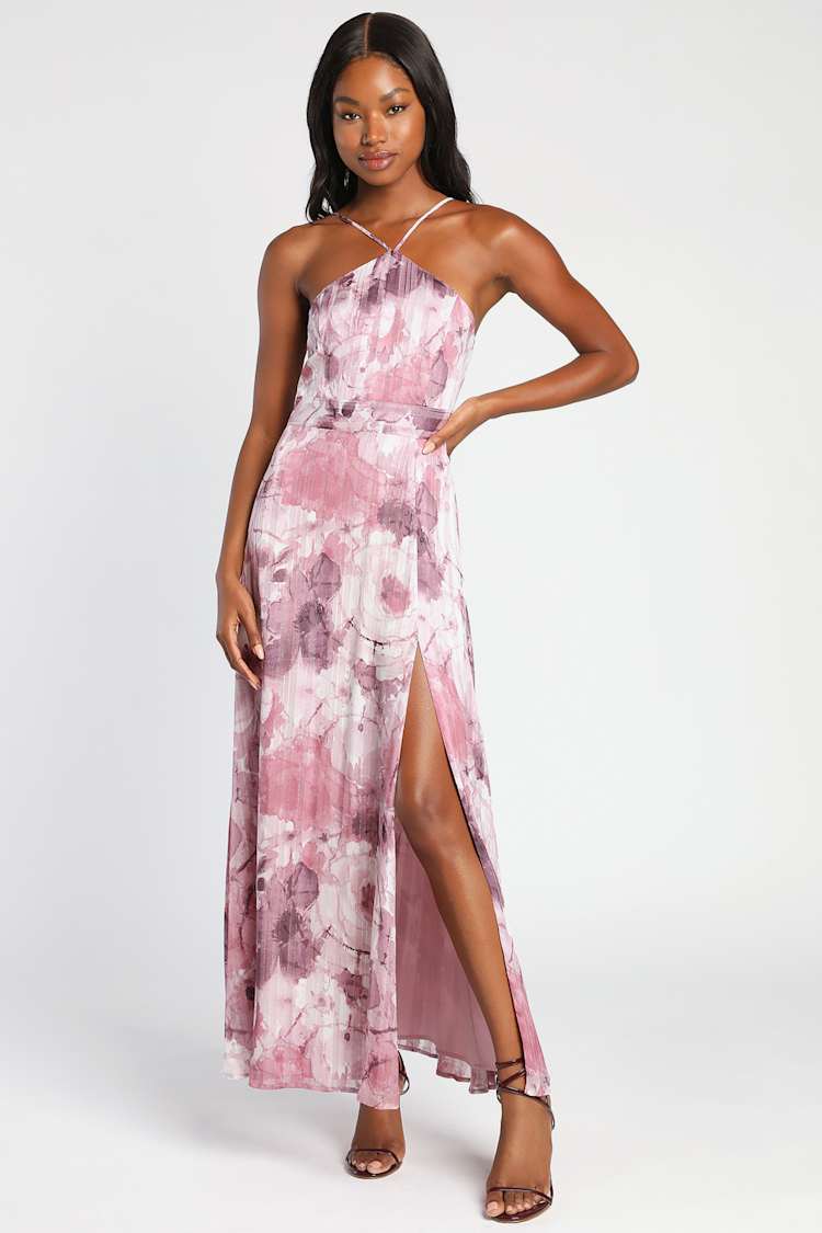 knee length dresses for ladies Lavender Abstract Floral Smocked Maxi Dress main image 1