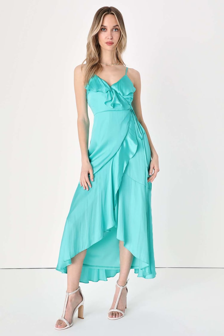 Glowing Arrival Teal Blue Ruffled Wrap Midi Dress