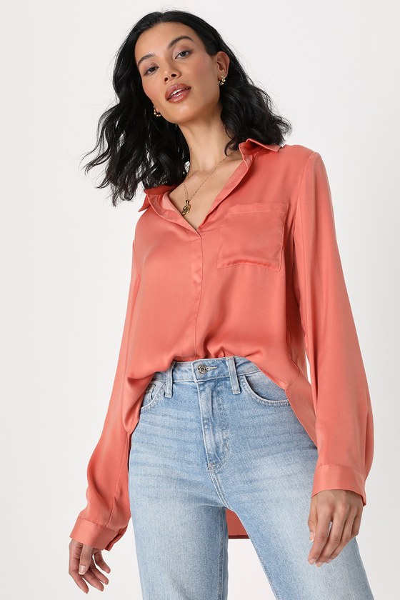 Rusty Rose Top - Satin Long Sleeve Top - Collared Blouse - Lulus