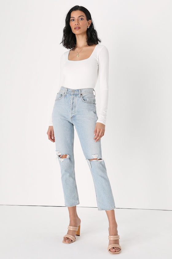 Simple Cutie White Square Neck Long Sleeve Bodysuit 3