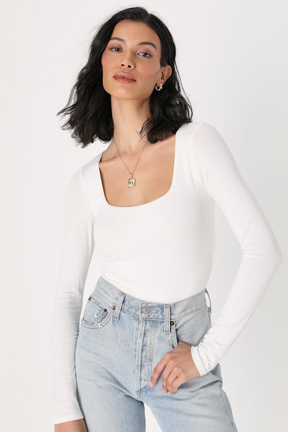 Simple Cutie White Square Neck Long Sleeve Bodysuit 2