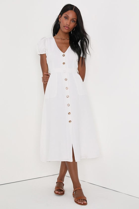 Linen-Cotton Blend Dress - White Midi Dress - Button-Front Dress