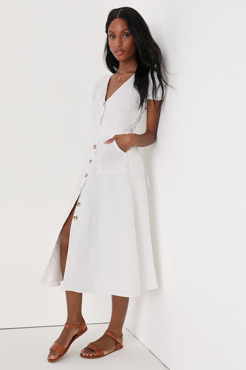 knee length dresses for ladies White Linen Button-Down Midi Dress with Pocket main image 1