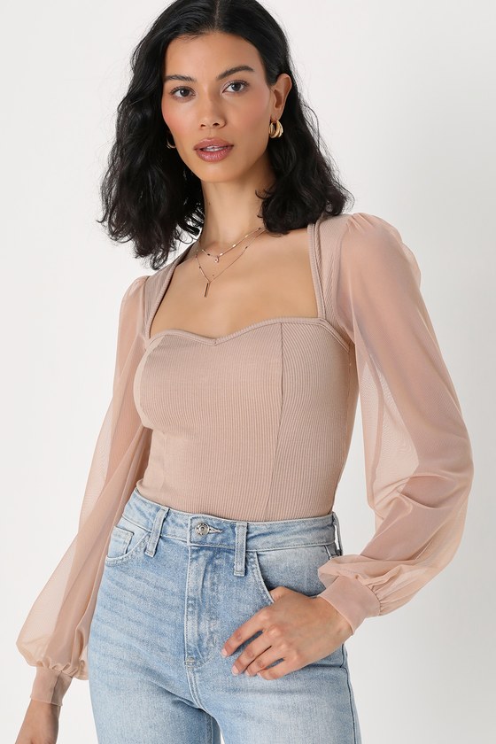 Beige Long Sleeve Bodysuit - Balloon Sleeve Top - Ribbed Bodysuit - Lulus