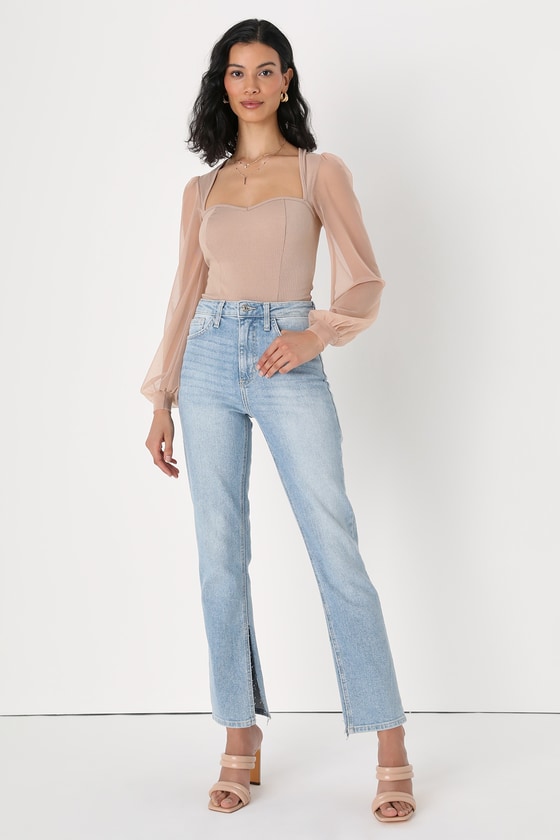 Beige Long Sleeve Bodysuit - Balloon Sleeve Top - Ribbed Bodysuit - Lulus