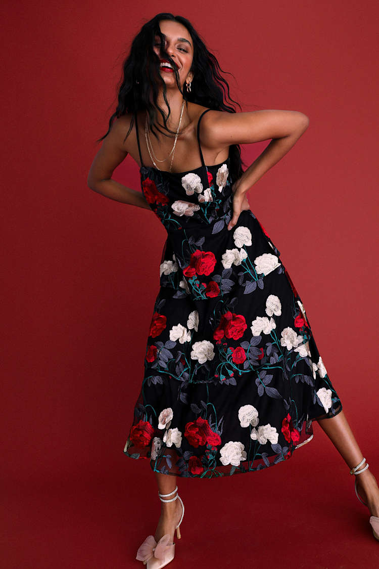 Black Floral Dress - Embroidered Dress - Tiered Midi Dress - Lulus Black Floral Dress - Embroidered Dress - Tiered Midi Dress - Lulus