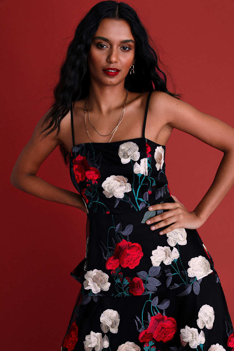 Black Floral Dress - Embroidered Dress - Tiered Midi Dress - Lulus