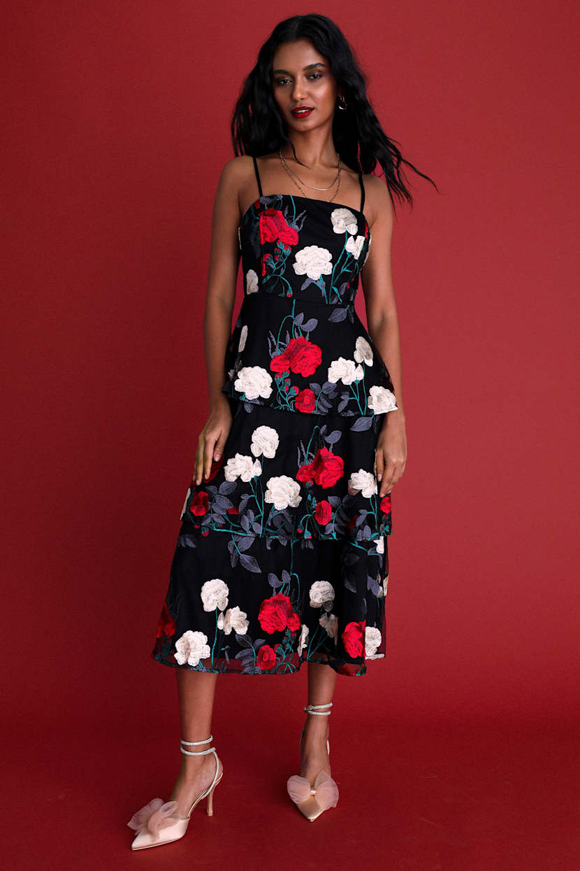 Black Floral Dress - Embroidered Dress - Tiered Midi Dress - Lulus