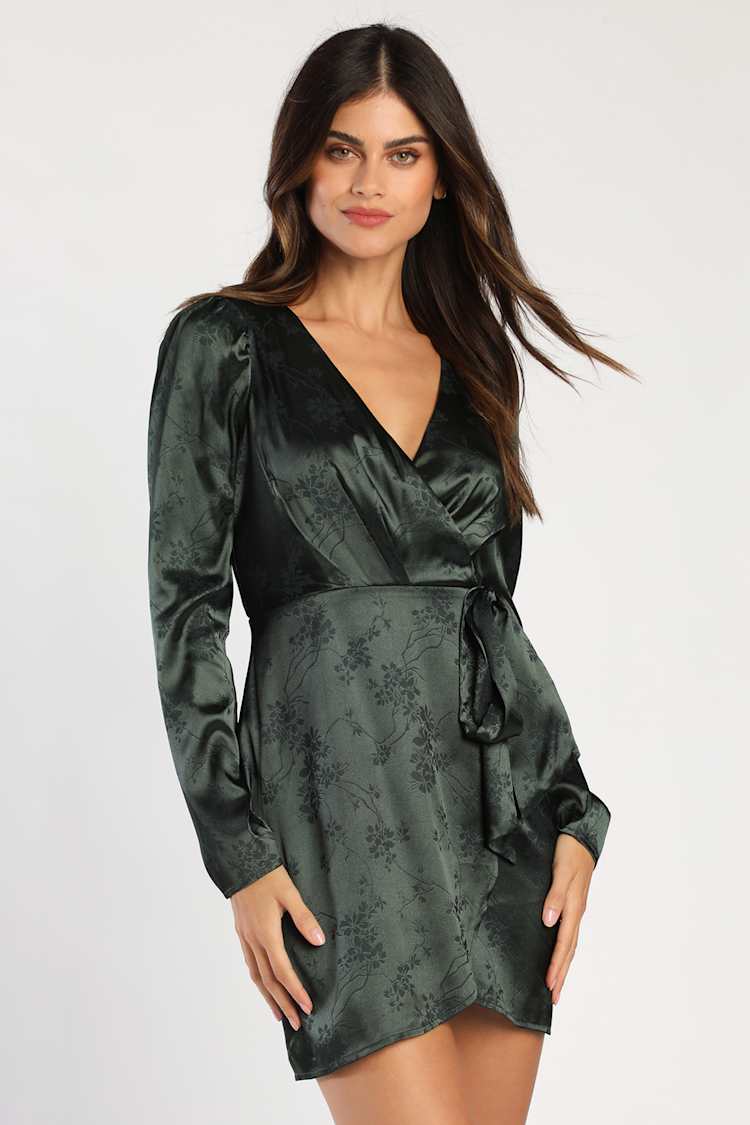 knee length dresses for ladies Embellished Cowl-Neck Draped Mini Dress in Emerald Green main image 1