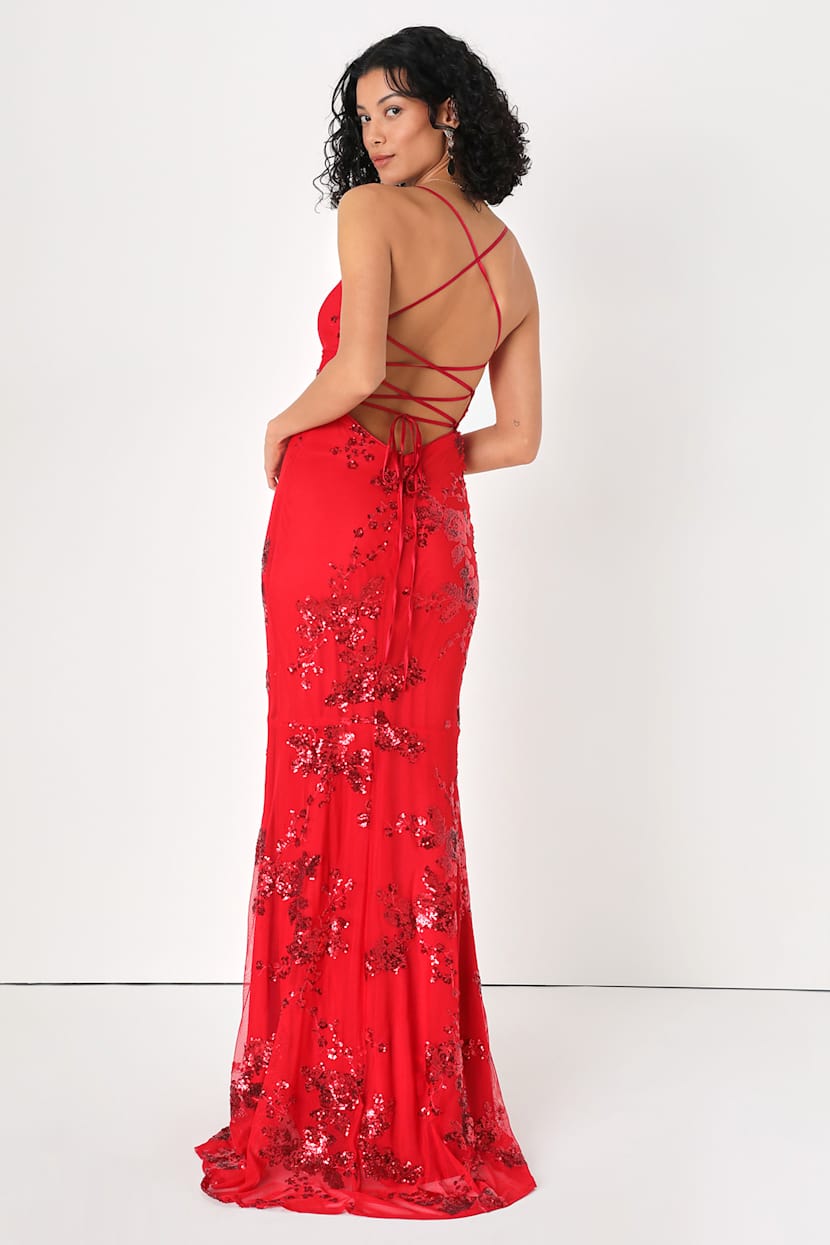 photo finish red sequin lace-up maxi dress Lovely Red Dress - Sequin Maxi Dress - Lace-Up Sequin Dress