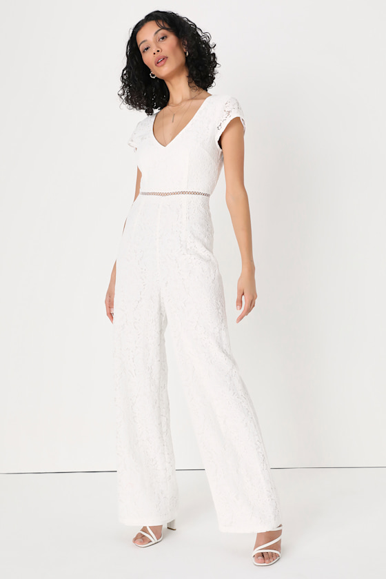 White Lace Stitching V Neck Jumpsuit